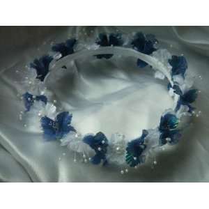  White & Royal Blue Flower Girl Head Piece Halo Wedding Mis 