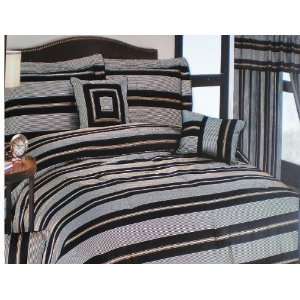  Queen Size 7 Pieces Napoli Black / Brick Strip Design 