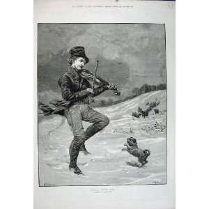 1880 Snow Scene Man Music Violin Dancing Dog Stainland 