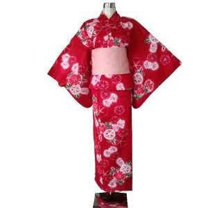  Kimono Yukata Red & Asagao Flowers+ Obi Belt: Toys & Games