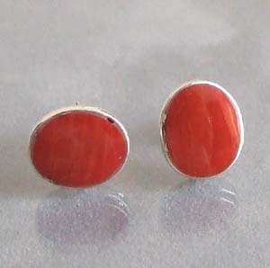 Classy Oval Red Coral .925 Silver Post Earrings  