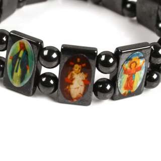 Holy Jesus Mini Portrait Magnetic Hematite Beads Bracelet Stretchy 7L 