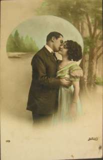 Man & Woman Kissing c1910 Tinted Photo Postcard  