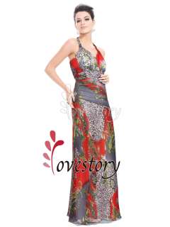 Gorgeous Full Length Colorful Printed Halter Pageant Gown Dress 09059 