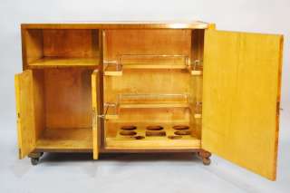 GREAT FIGURED MAPLE FRENCH ART DECO BAR CABINET / CART, CA. 1930 