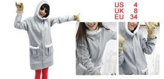 Woman White Plush Rimmed Gray Hood Zip Up Long Coat S  