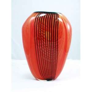   Glass Vase Mouth Blown Art Red Yellow Stripe Vase E212: Home & Kitchen