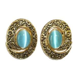  Antique Goldplated Blue Cats Eye Clip Earrings: Jewelry