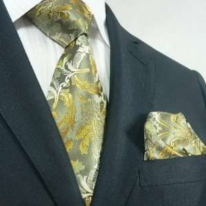  Landisun 68K Olive Green Paisleys Mens Silk Tie Set Tie 
