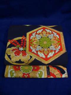 A406E Vintage Japanese Kimono FUKURO OBI Sash Black Gold Weave  