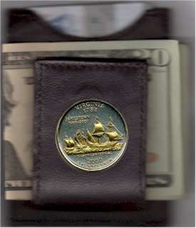 Gold on Silver Virginia Statehood Quarter in a Folding Leather Money 