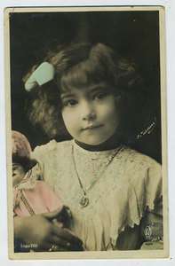 Child Girl with Doll old 1910s Henri Manuel french photo postcard 
