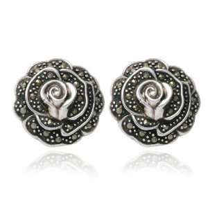  Sterling Silver Marcasite Rose Post Earrings: Jewelry