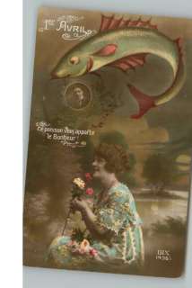 1er AVRIL Pretty Woman Dreams of Fish c1910 Tinted RPPC  