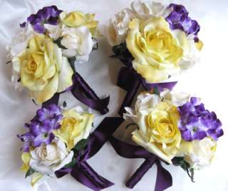 17pc Bouquet wedding flowers IVORY YELLOW PURPLE  