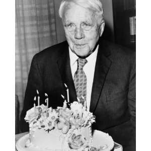 1958 photo Robert Frost, poet poses with his birthday cake 