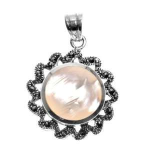   Sterling Silver & Mother of Pearl Fiery Sun Marcasite Pendant: Jewelry