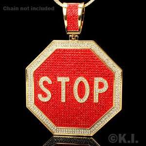   Plated Stop Sign Red and Clear Cubic Zirconia Hip Hop Pendant: Jewelry
