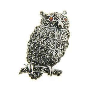    Sterling Silver Marcasite Genuine Garnet Owl Brooch: Jewelry
