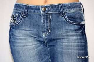 Embellished Womens Jeans Crystal Pockets w Rhinestones Medium Blue 