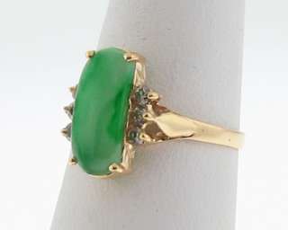 Estate Green Jade Diamonds Solid 14k Yellow Gold Ring  