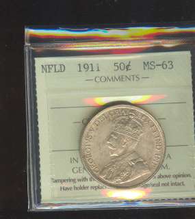 1911 Newfoundland 50 cents ICCS MS63 D122  