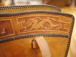 Vintage 70s Hand Tooled Handmade Leather Asian Dragons Handbag Purse 