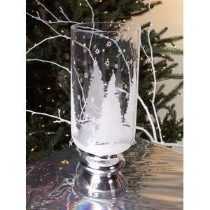 Pair Etched Glass Silver Base Hurricane Pillar Candle Holder:  