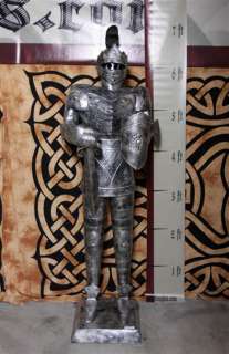 Foot Silver Suit of Armor Medieval Knight in Short Sword & Shield 