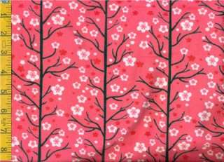 yd FLANNEL White Cherry Blossoms Red Stars Black Trees on Coral Pink 