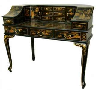 Oriental Furniture Black Lacquer Ladys Desk w/ Gold Chinoiserie 