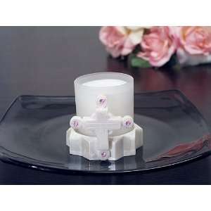  Glass Candle Holder with Cross and Pink Stones: Home 
