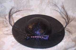 Vtg ADOLFO Wide Brim Straw Hat w/ Rhinestone & Feathers  
