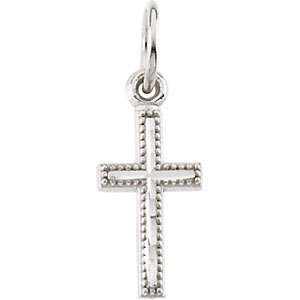  14k White Gold Cross with Bead Edge Necklace, 15 Chain: Jewelry