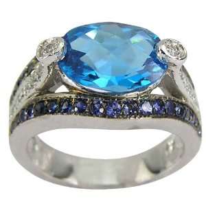  Sterling Silver Swiss Blue Topaz Sapphire and Diamond Ring 