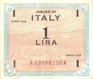 Italy 1 Lira WW II ALLIED MILITARY CURRENCY 1943 A69998138A  