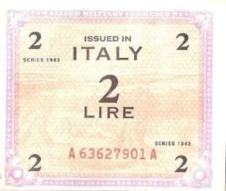 Italy 2 Lire WW II ALLIED MILITARY CURRENCY 1943 A63627901A  