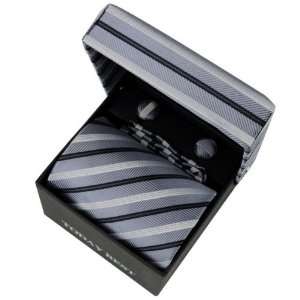 Luxury Mens Business Matching Grey Stripe Tie Handkerchief & Cuff Link 