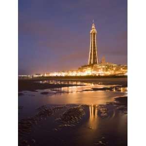 Blackpool Tower Reflected on Wet Beach at Dusk, Blackpool, Lancashire 