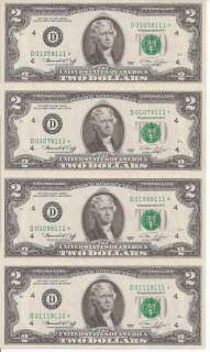 1976 Series Uncut Sheet 4 Two US Dollars FANCY Number D 01119111 