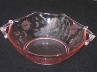 Vintage Pink Depression Glass Bowl 8 Sided   Handle  Cut glass flowers 
