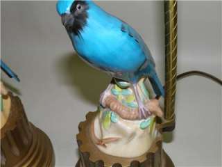 ANTIQUE SPODE MAJOLICA PORCELAIN BLUE BIRD LAMPS  