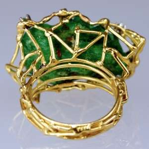 18ct Gold uncut Emerald & Diamond Ring ca1970.Unique Retro Vintage 