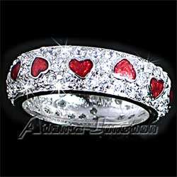 PAVE BRILLIANT CZ with RED ENAMEL HEARTS BAND RING Size 8