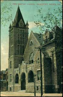 1912 NEWPORT NEWS, VA, FIRST BAPTIST CHURCH BUILDING POSTCARD 