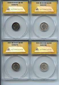 Four PROOF Seated Liberty Dimes ANACS Certified 1871, 1876, 1878, 1891 
