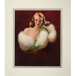  1953 Woman White Fur Stole Green Opera Gloves Print 