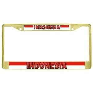 Indonesia Indonesian Flag Gold Tone Metal License Plate Frame Holder