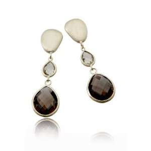   : Sterling Silver CZ Matte Earrings with Smokey Topas Stones: Jewelry