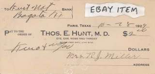 1929 PARIS TEXAS THOMAS HUNT MEDICAL DOCTOR RJ MILLER  
